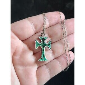 Italian 925 Sterling Silver Faux Stone Inlay Cross Pendant Necklace Vintage